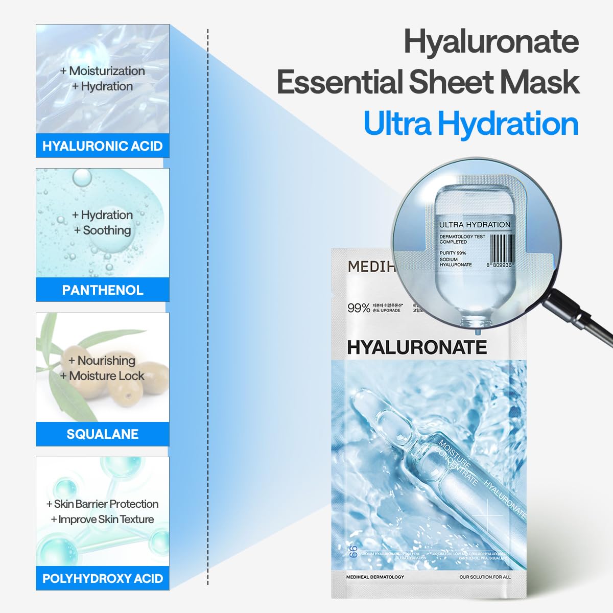 Mediheal Hyaluronate Watermide Mask – Deep Hydration + Soothing Care + Vegan Certified – Wholesale K-Beauty (Pack of 10)