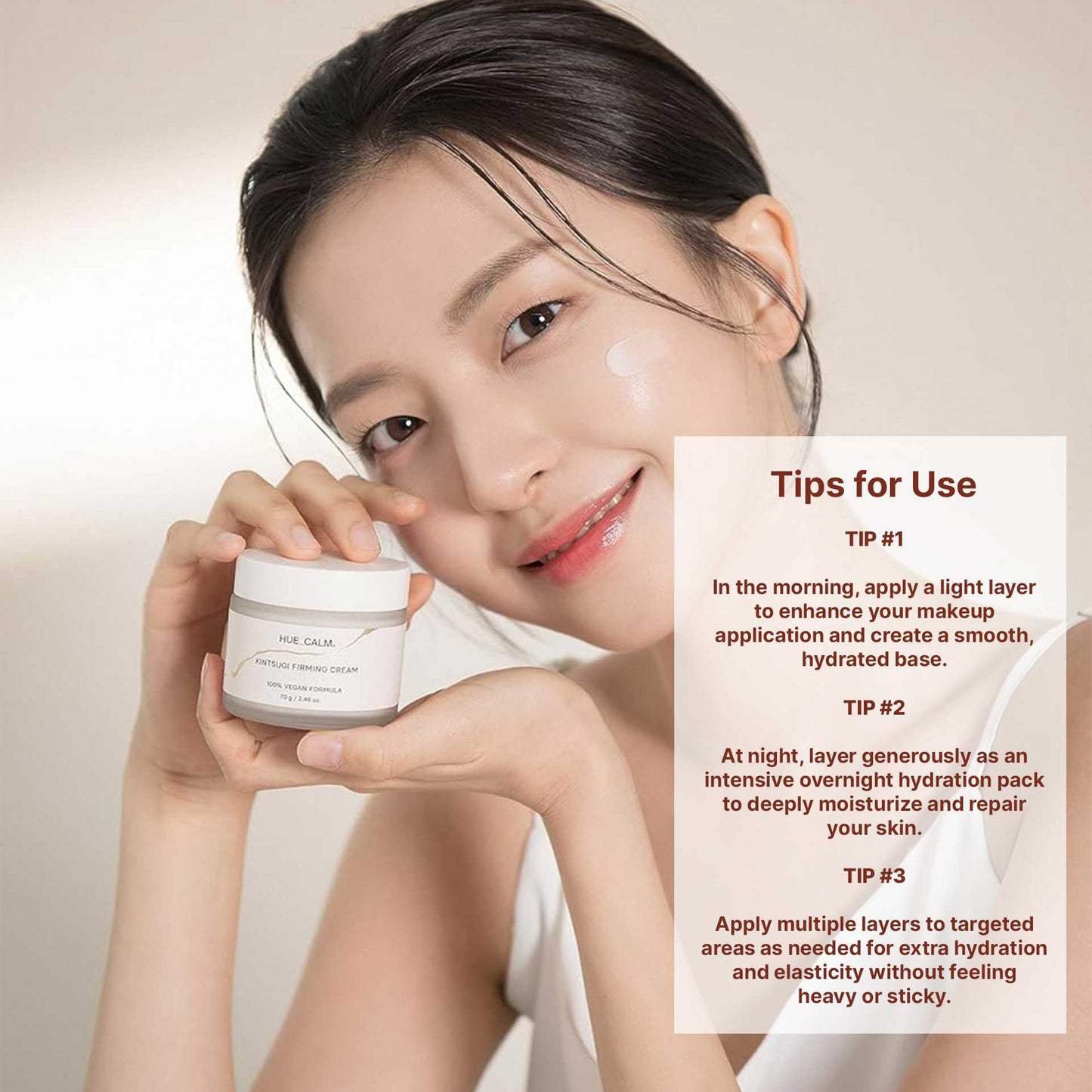Woman applying Hue Calm Kintsugi Firming Cream with skincare tips shown