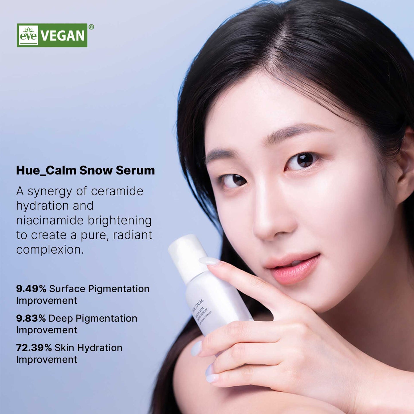 Model holding Hue Calm serum with clinical improvement stats
