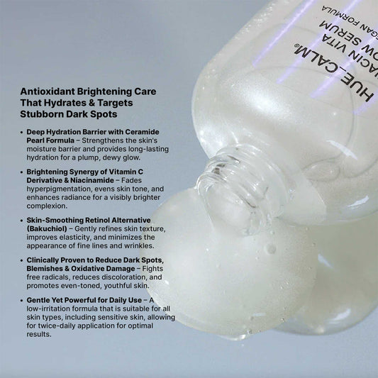 Hue Calm serum bottle laying down with ingredient-focused text