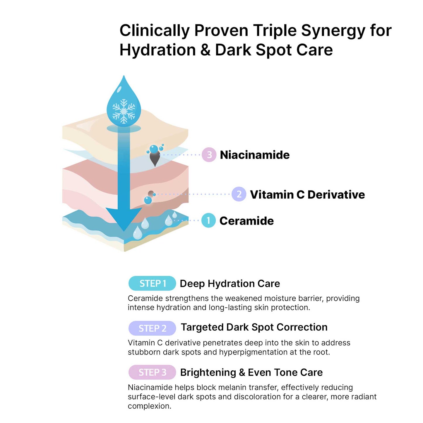 Infographic showing triple synergy with ceramide, vitamin C, and niacinamide