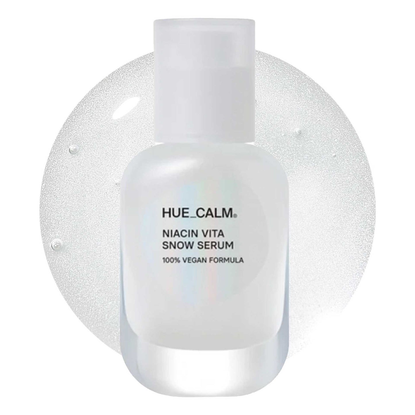 Hue Calm Niacin Vita Snow Serum bottle with clear serum texture background – vegan K-beauty brightening serum with 3% niacinamide