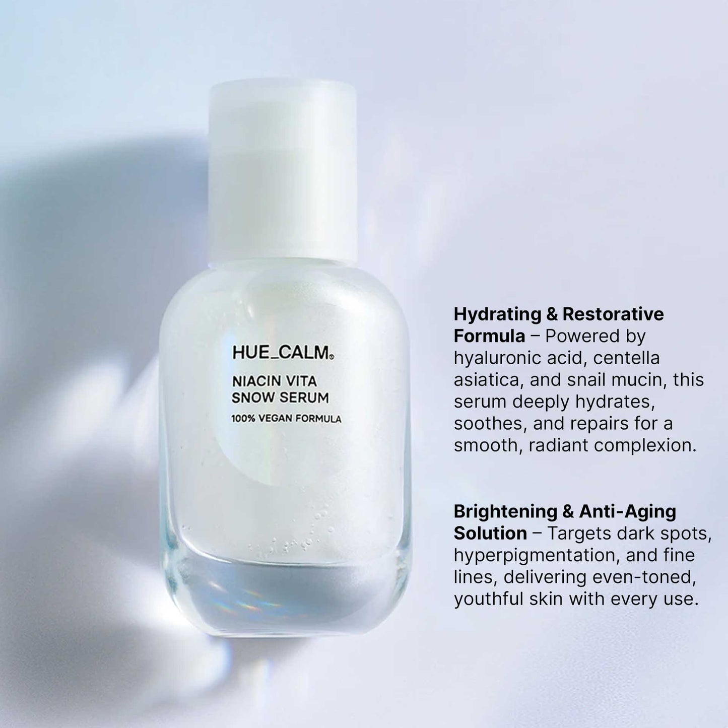 Serum bottle with hydration and brightening text showing main skin benefits