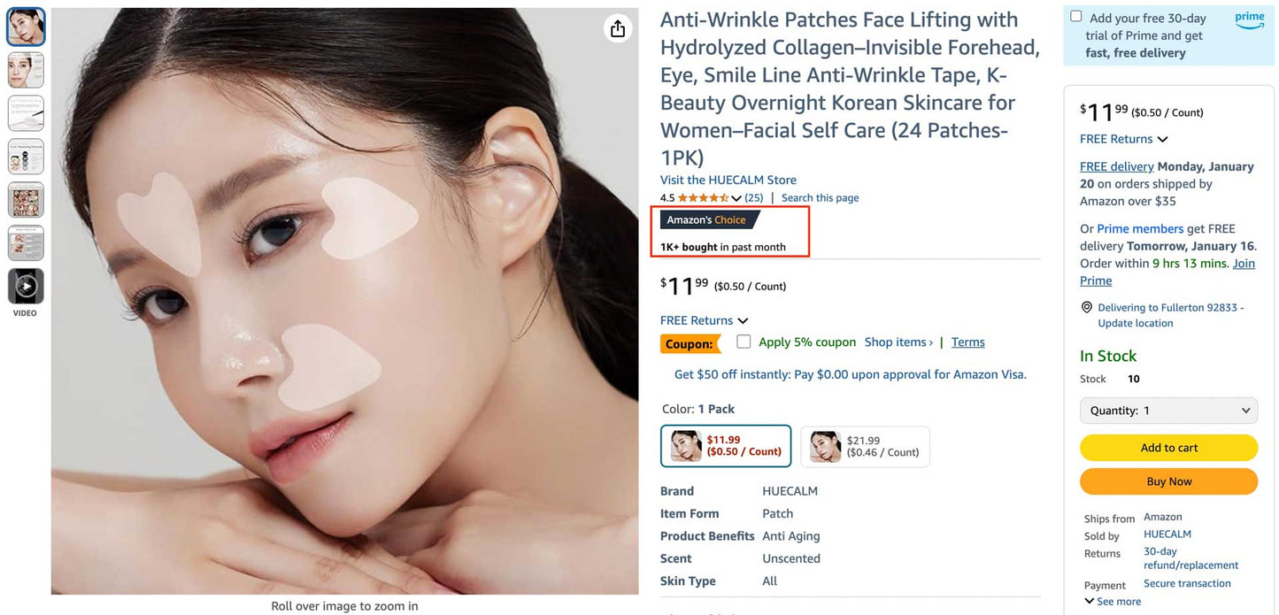 Amazon’s Choice badge and 1K+ monthly sales for Hue Calm Anti-Wrinkle Patches, top-rated Korean skincare product on Amazon
