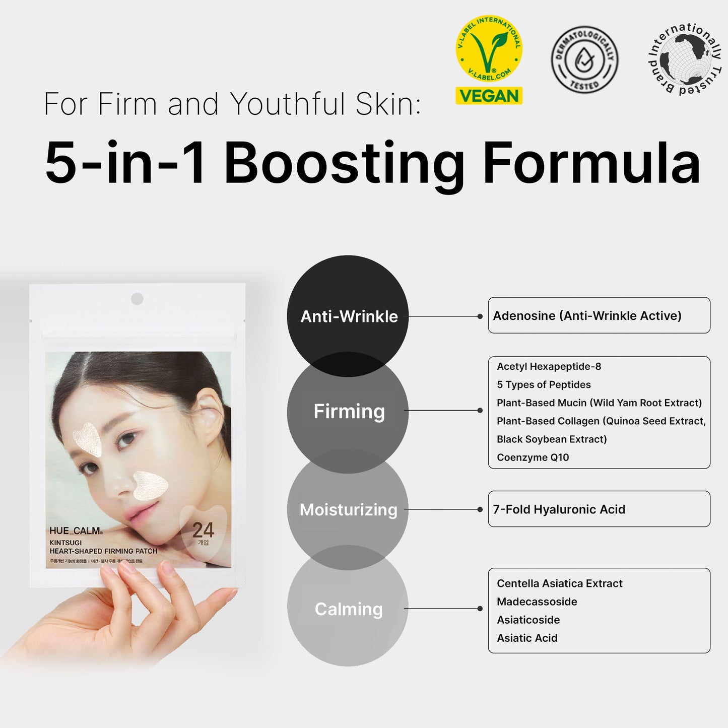 5-in-1 anti-aging formula with adenosine, peptides, collagen, hyaluronic acid, and centella asiatica – Hue Calm wrinkle patch
