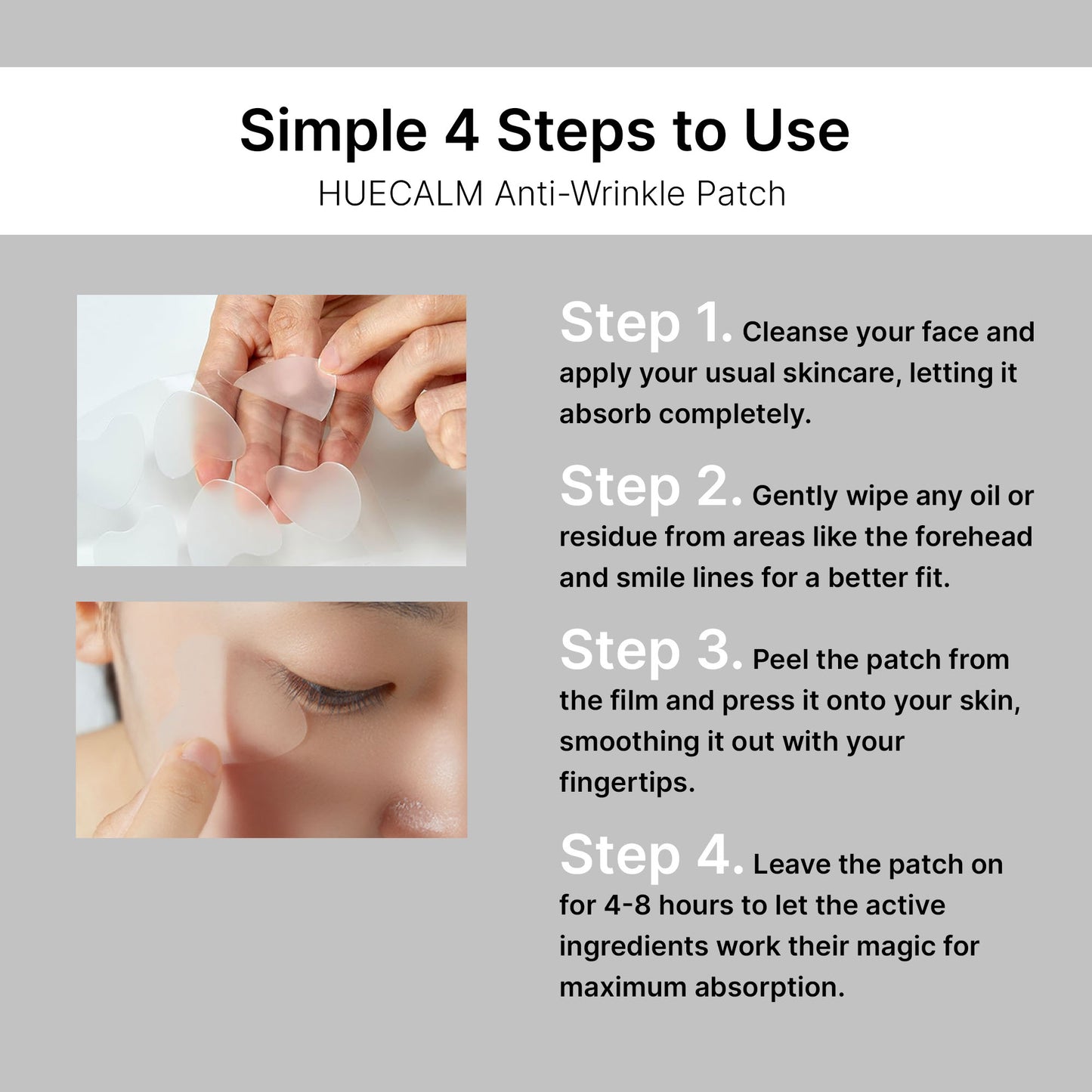 4 steps to use Hue Calm anti-wrinkle patch – clean, apply, press, and wear for 4-8 hours for wrinkle reduction