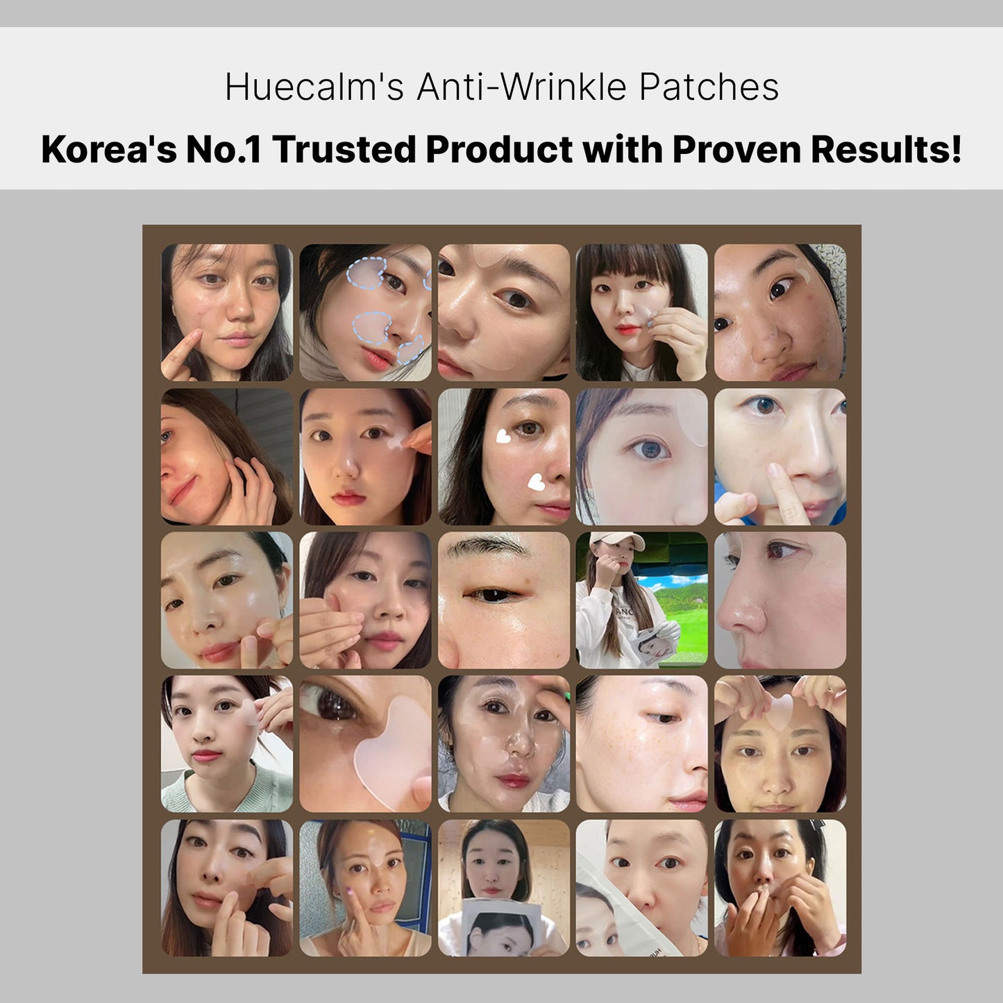 Verified user photos wearing Hue Calm anti-wrinkle patches – Korea’s most trusted wrinkle patch product