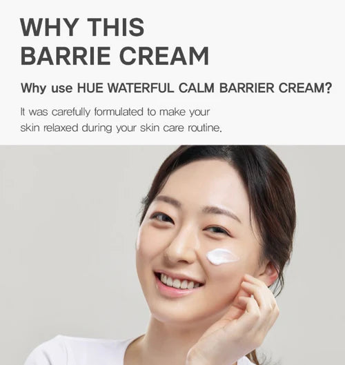 Model applying Hue Calm Barrier Cream on cheek