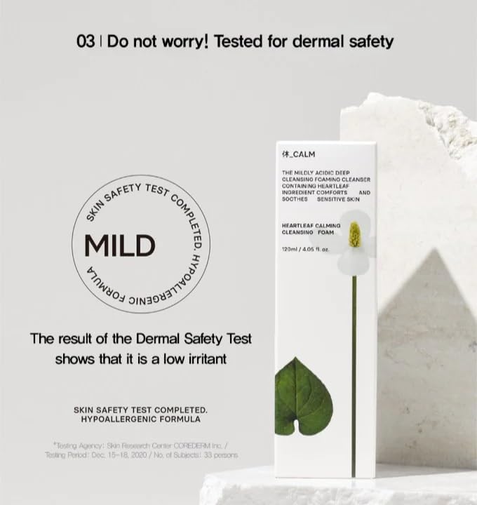 Huecalm Heartleaf Cleansing Foam box with dermal safety test label