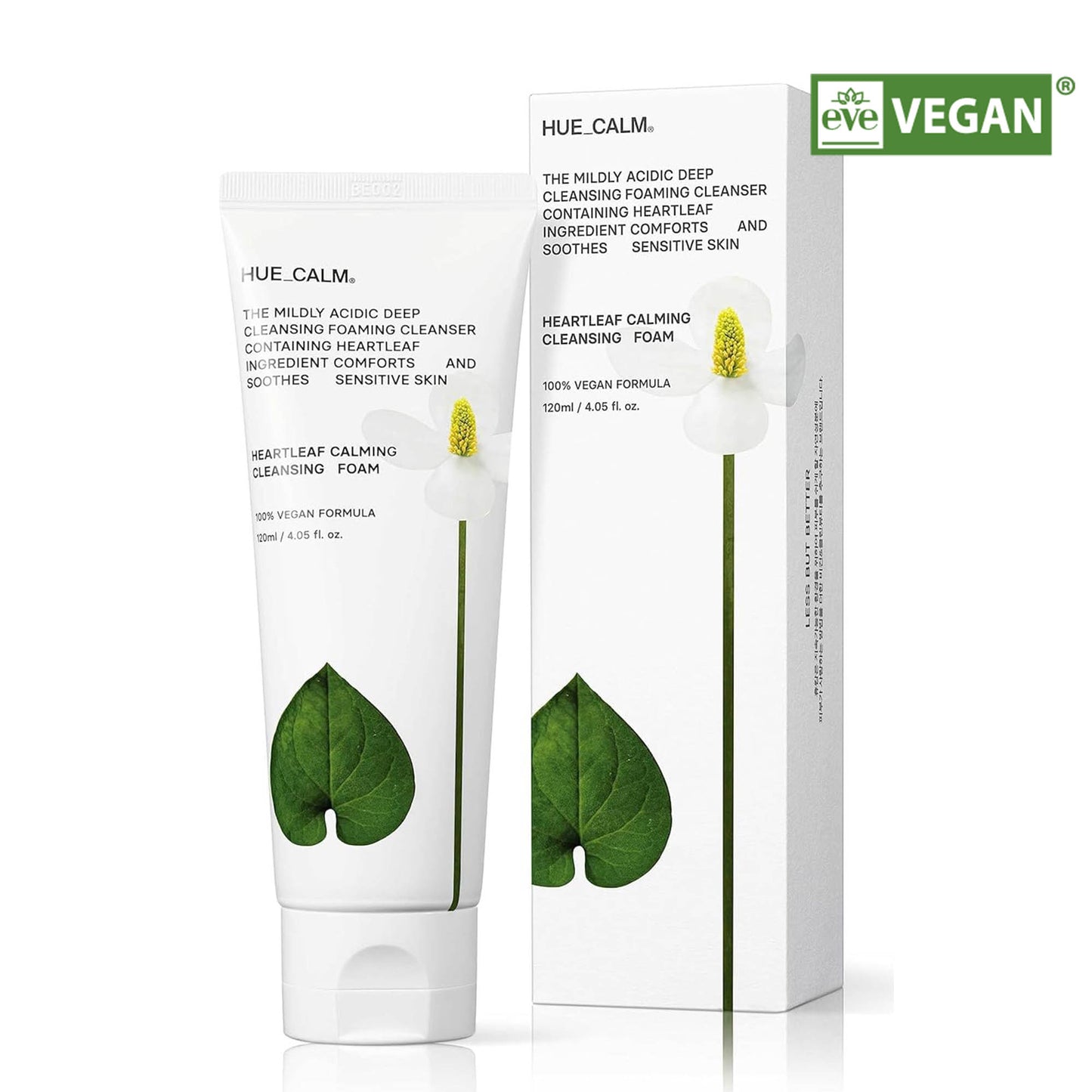 Huecalm Heartleaf Cleansing Foam tube and box packaging front view EVE Vegan Certified\