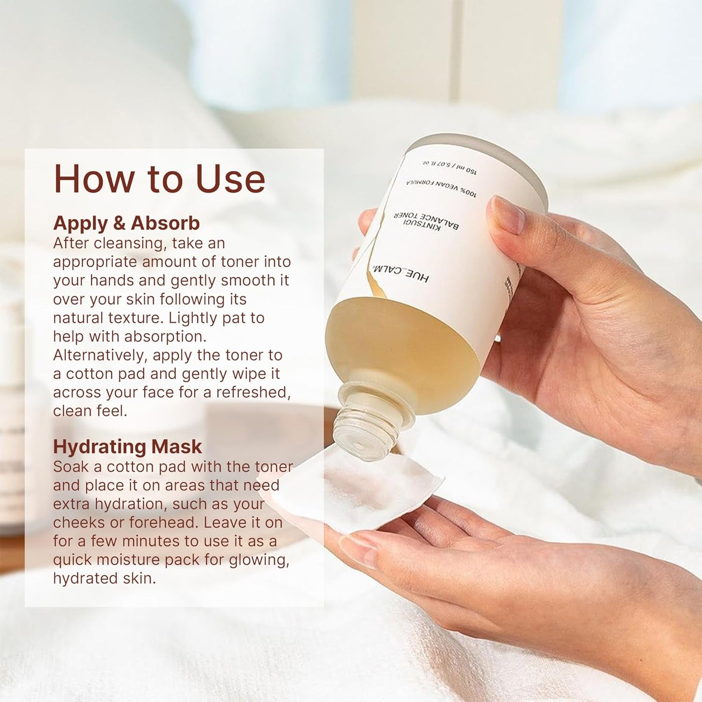 Huecalm Kintsugi Toner usage instructions with cotton pad