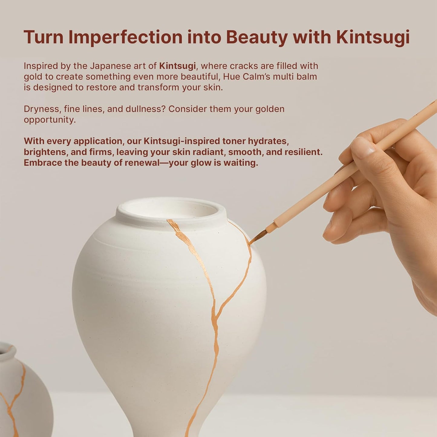Huecalm toner concept inspired by Kintsugi with pottery