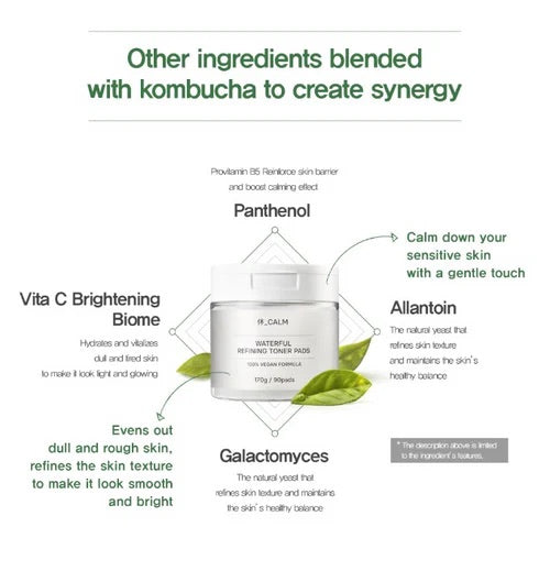 Huecalm - Waterful Toner Pads combine kombucha, panthenol, allantoin, and galactomyces for skin balance and glow.