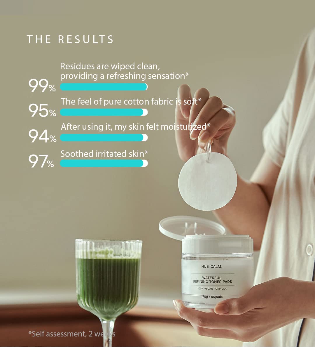 Huecalm - Self-assessment shows 99% satisfaction with softness, moisturization, and calming effect of toner pads.