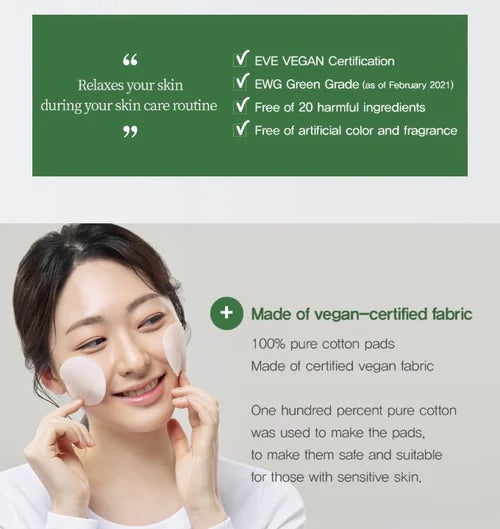Huecalm - Vegan-certified toner pads with EWG Green Grade, free from 20 harmful ingredients, artificial color, and fragrance.