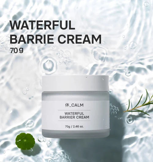Hue Calm Waterful Barrier Cream 70g shown in top-down view over water texture for hydration-focused skincare