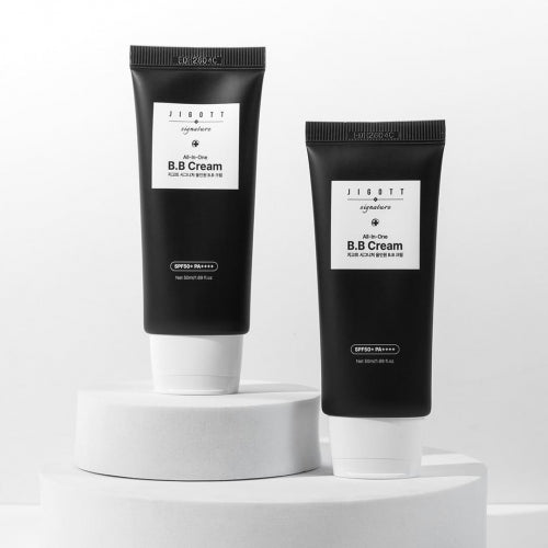 Jigott All-in-One BB Cream in two sizes displayed on white podium