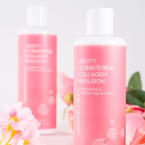Close-up of product bottle with soft pink lighting and floral background