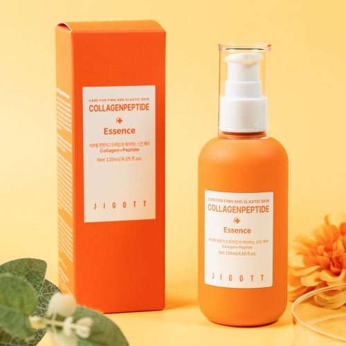 Jigott Collagen Peptide Essence standing beside its bright-orange retail box