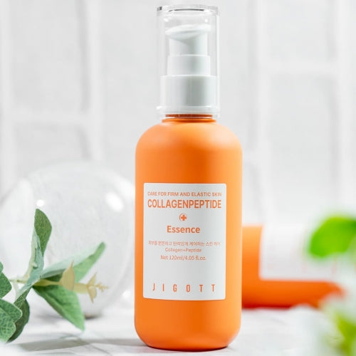 Close-up of Jigott Collagen Peptide Essence bottle showing clear pump and label