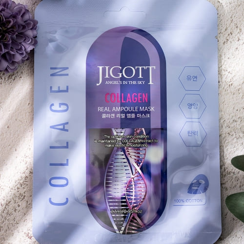 Close-up of Jigott Collagen Real Ampoule Mask packaging with collagen helix design