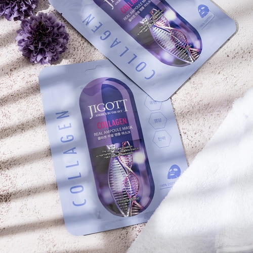 Jigott Collagen Real Ampoule Mask in sunlight, soft tone, skincare mask display