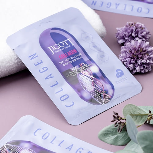 Jigott Collagen Real Ampoule Mask with towel and flower, purple packaging, Korean skincare