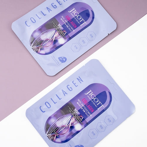 Jigott Collagen Real Ampoule Mask shown in a diagonal layout, purple sheet masks
