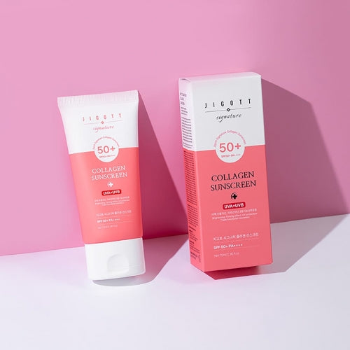 Jigott Collagen Sunscreen tube and box standing on pink backdrop for product display