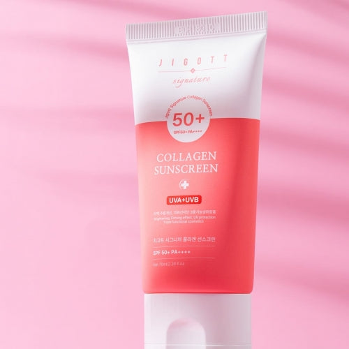 Jigott Collagen Sunscreen upright on pink background with soft shadows