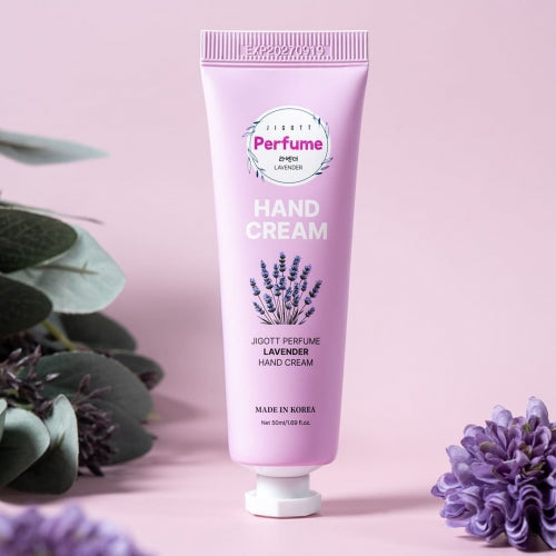 Lavender hand cream tube styled with lavender flowers and purple backdrop
