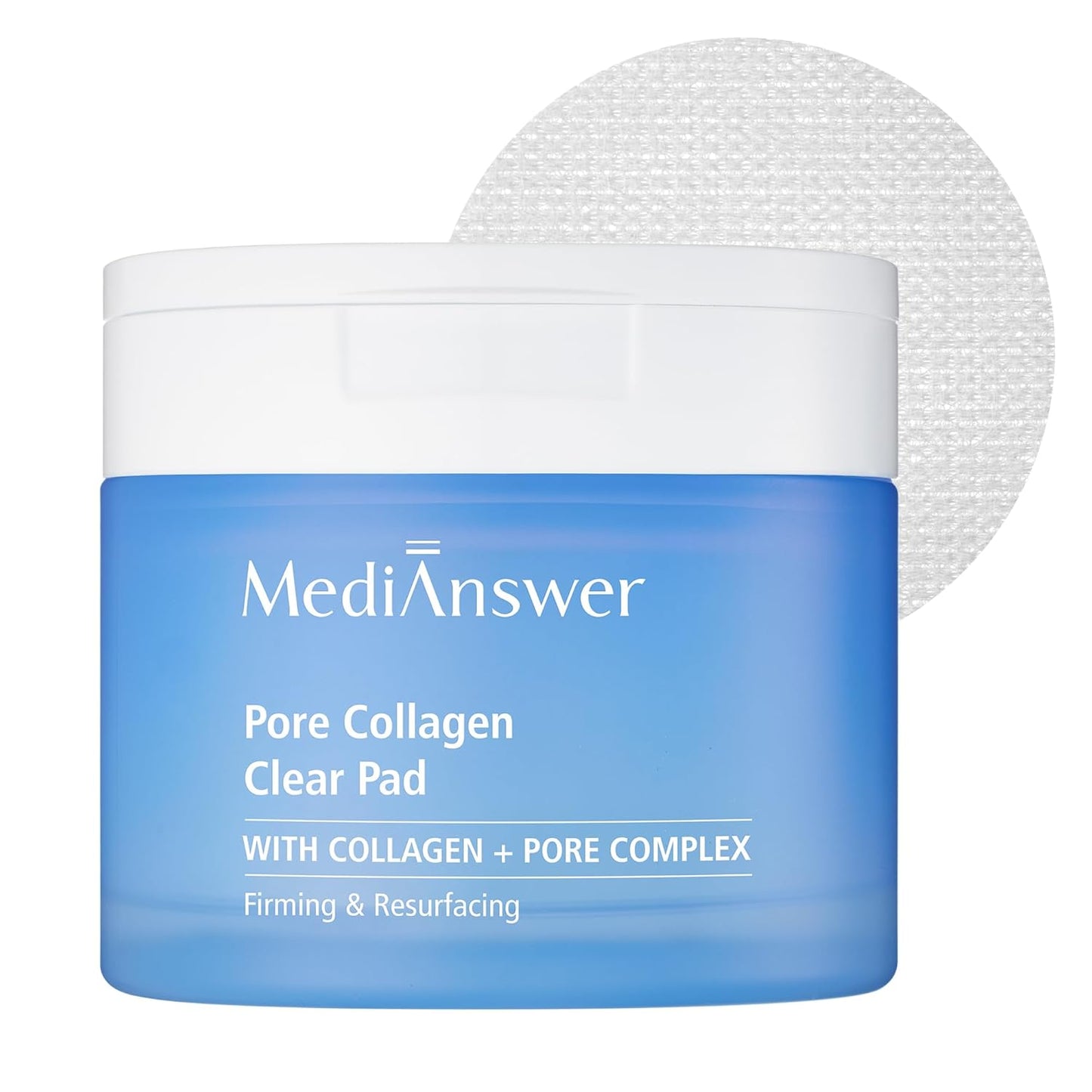 Hero image of MediAnswer Pore Collagen Clear Pad jar highlighting collagen + pore complex for firming & resurfacing