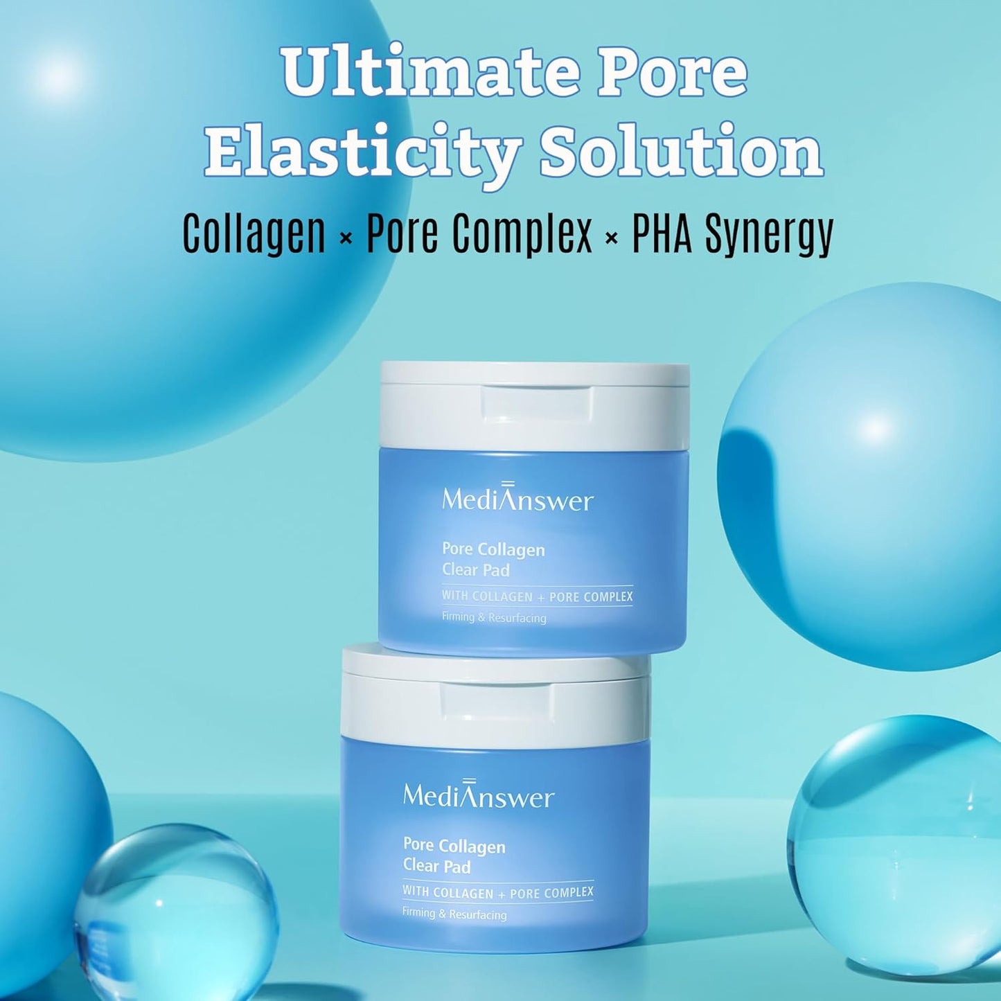 Two stacked Pore Collagen Clear Pad jars illustrating collagen × pore complex × PHA synergy for ultimate pore elasticity