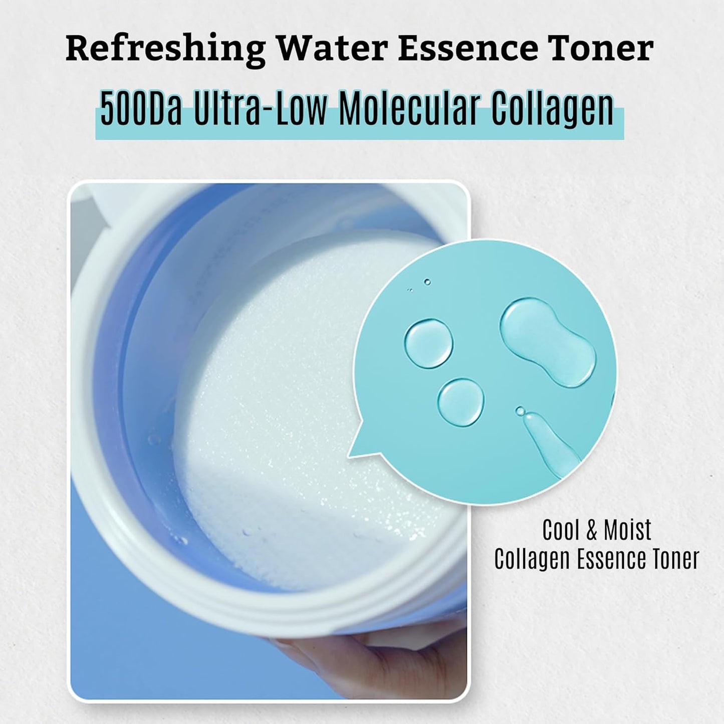 Inside-jar view of Pore Collagen Clear Pads soaked in refreshing water-essence toner with ultra-low 500 Da collagen