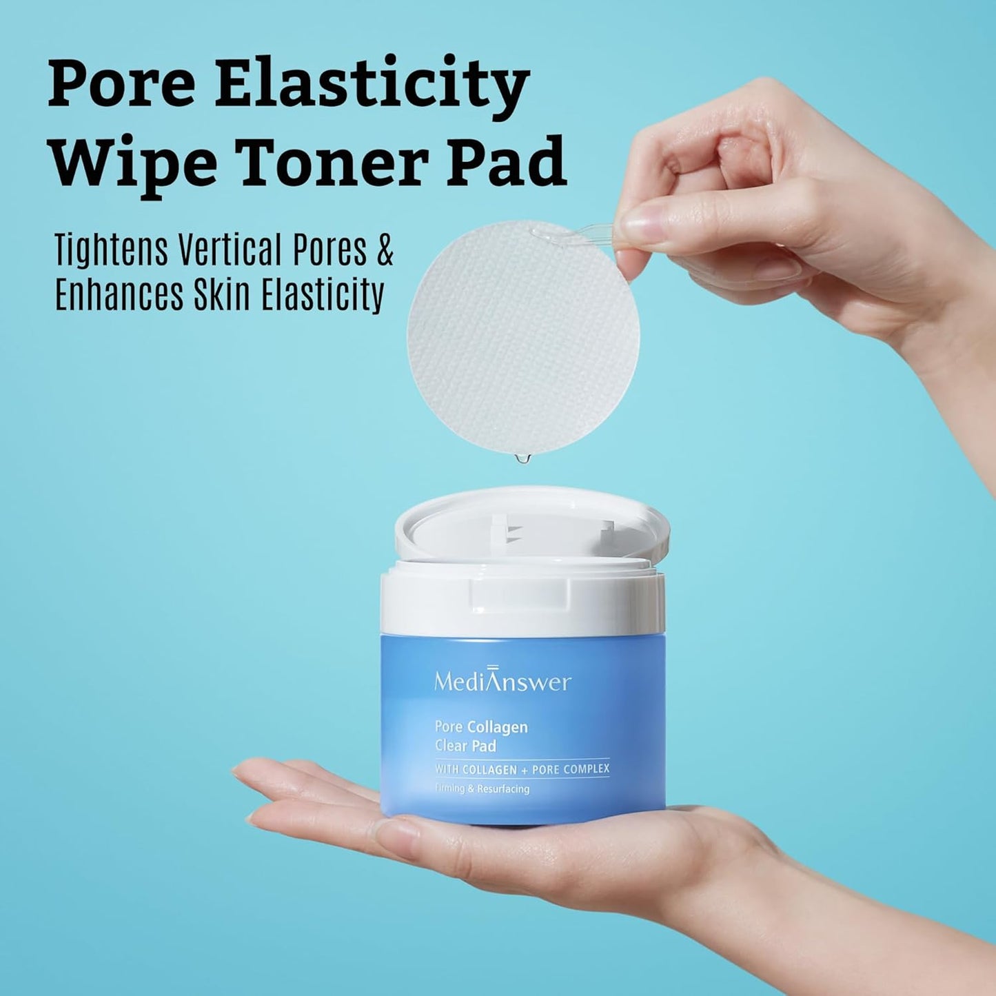 Hand lifting 70 mm pad from blue jar, highlighting Pore Elasticity Wipe Toner Pad function