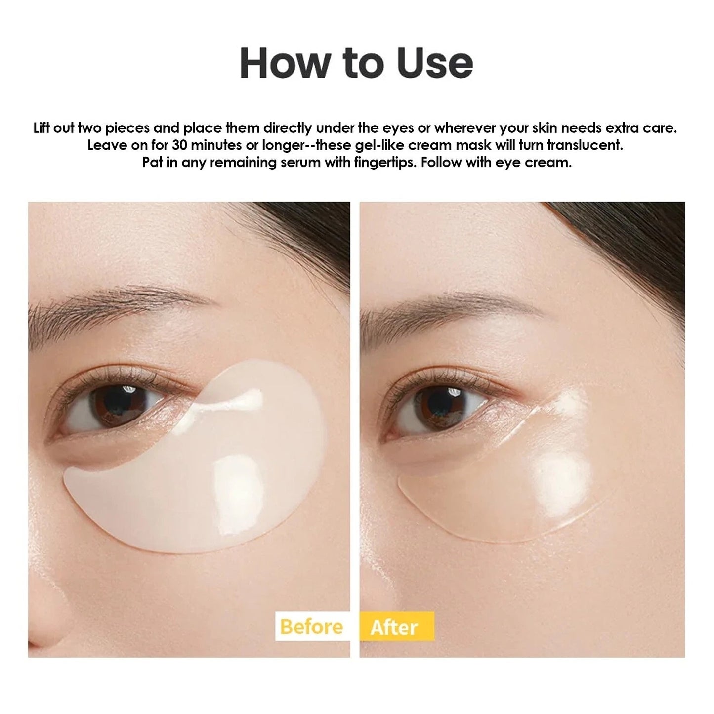 How-to-use graphic showing eye patch application with before-after results on model