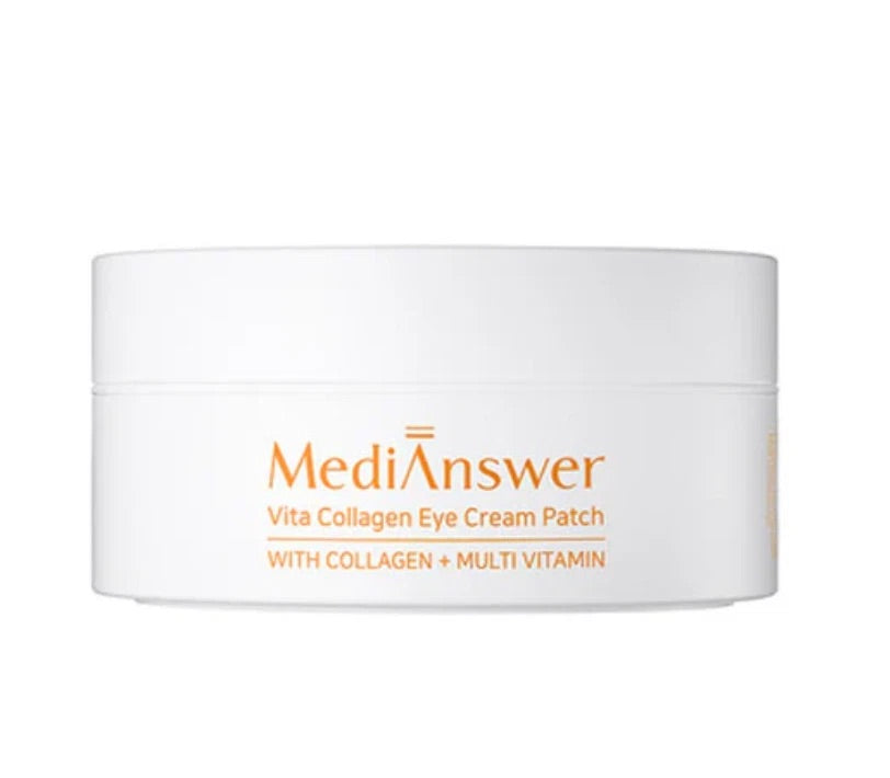 Clean pack shot of MediAnswer Vita Collagen Eye Cream Patch jar front view on white