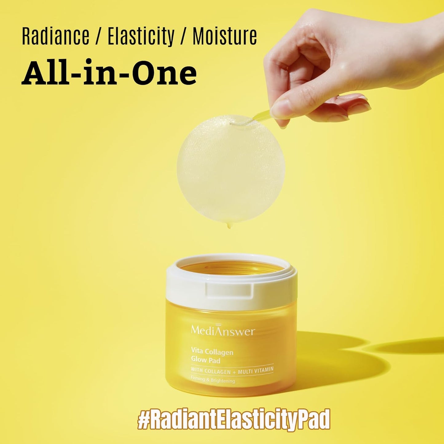 Hand lifting collagen toner pad from yellow MediAnswer Vita Collagen Glow Pad jar highlighting radiance, elasticity and moisture benefits
