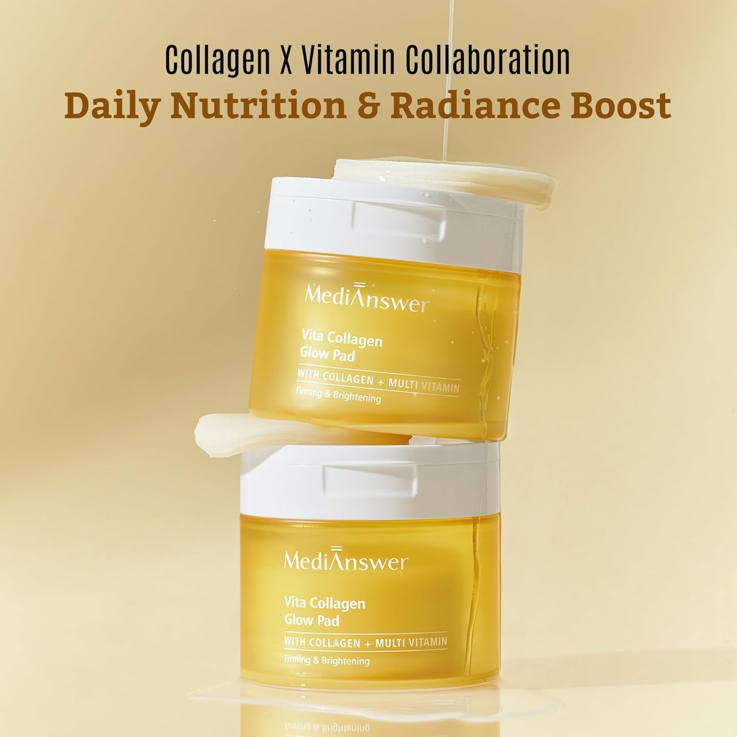 Two Vita Collagen Glow Pad jars stacked, emphasizing collagen × vitamin synergy for daily nutrition and radiance boost