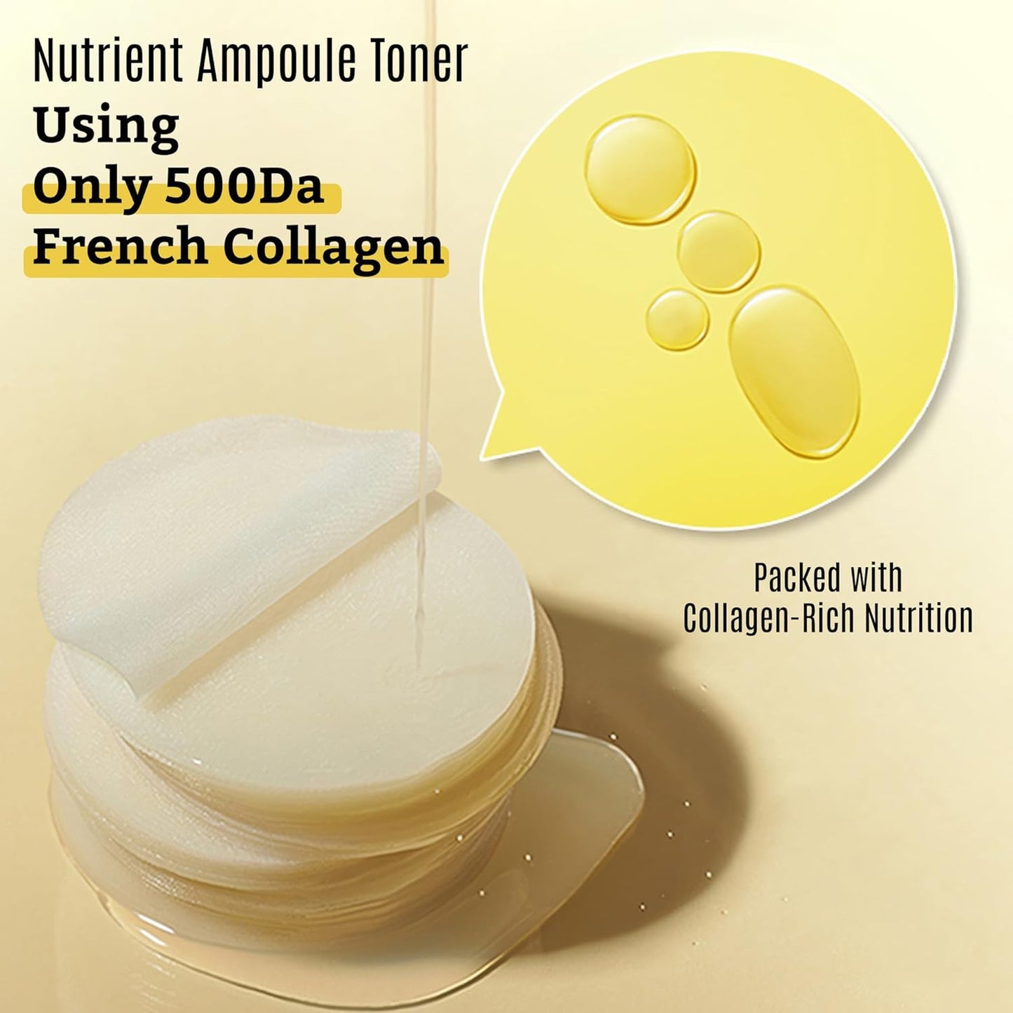 Stack of Vita Collagen Glow Pads soaked in nutrient ampoule toner featuring 500-Da French collagen for deep absorption