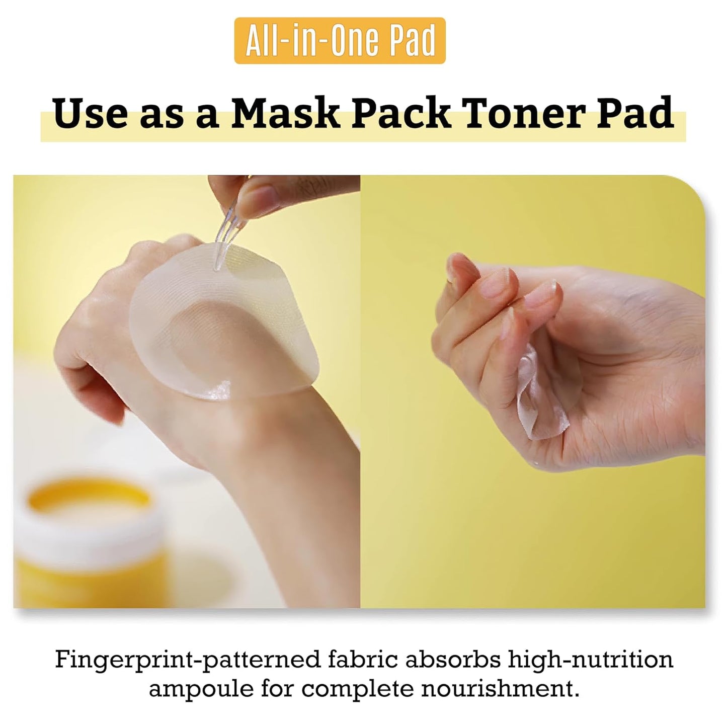 Vita Collagen Glow Pad shown as mask-pack toner pad, fingerprint-textured fabric absorbing high-nutrition ampoule