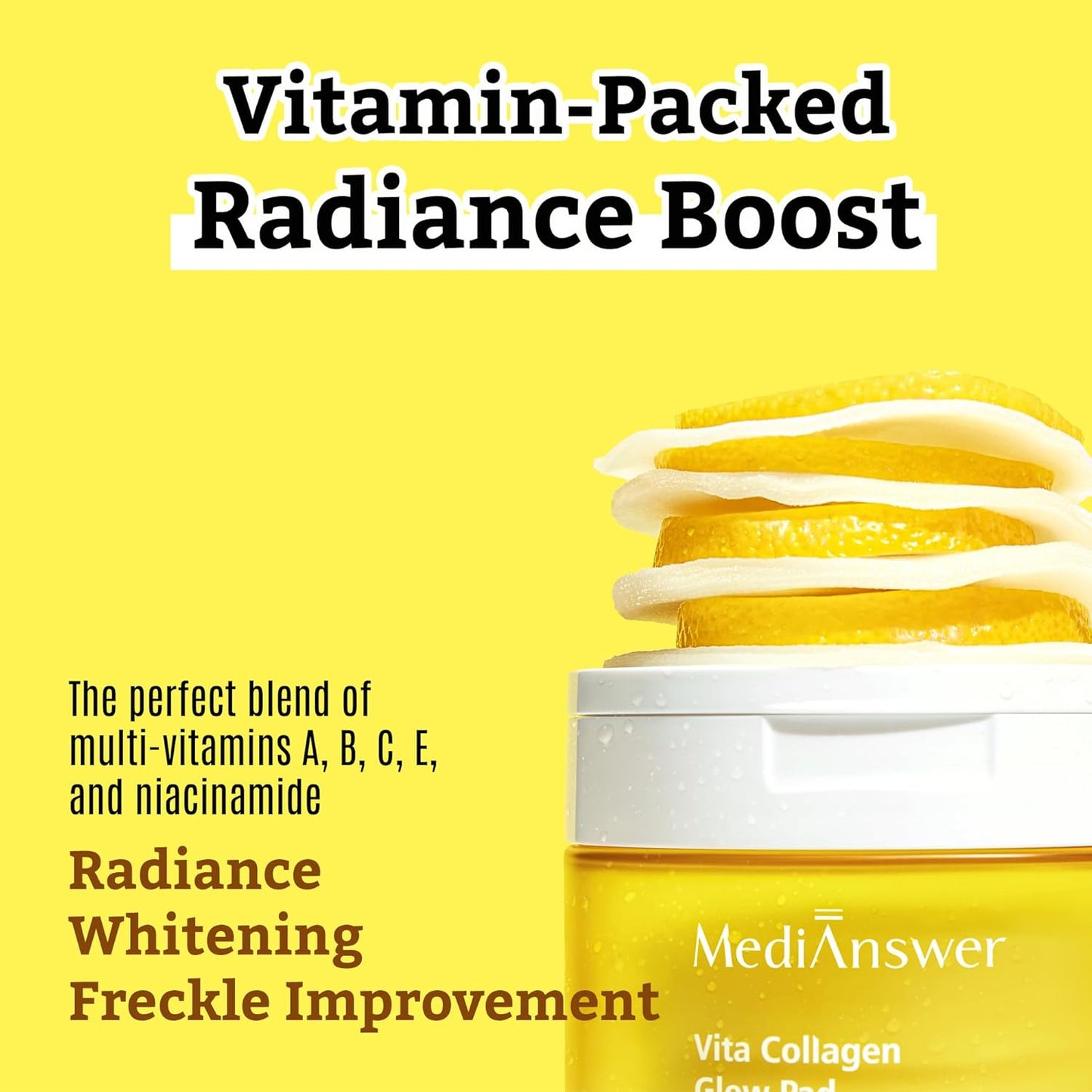 MediAnswer Vita Collagen Glow Pad jar layered with lemon slices showcasing vitamin-packed formula for bright radiant skin