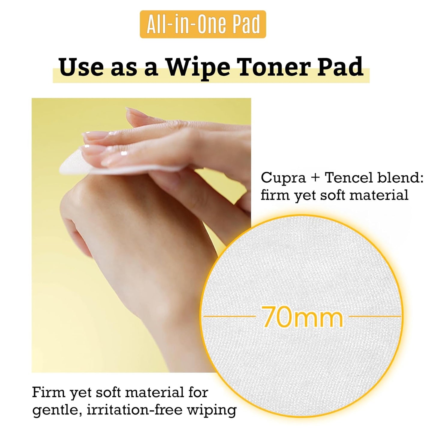 Demonstration of 70 mm Cupra-Tencel pad used as gentle wipe toner, irritation-free cleansing with Vita Collagen Glow essence