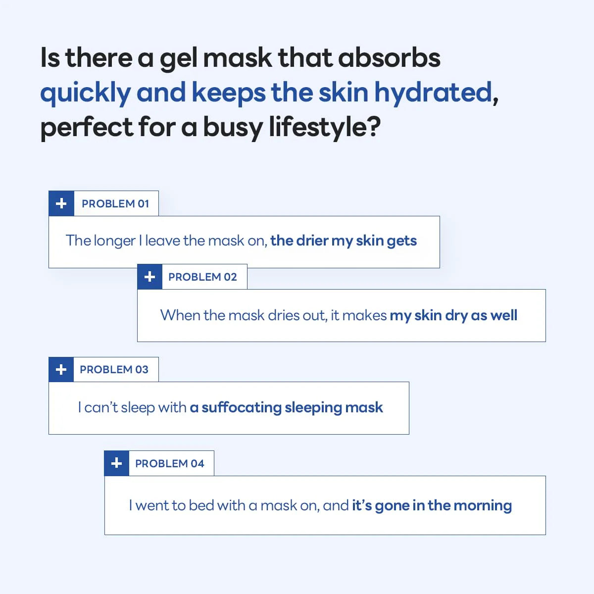 Infographic showing common hydration problems solved by the Hyper Hyaluronate Mask