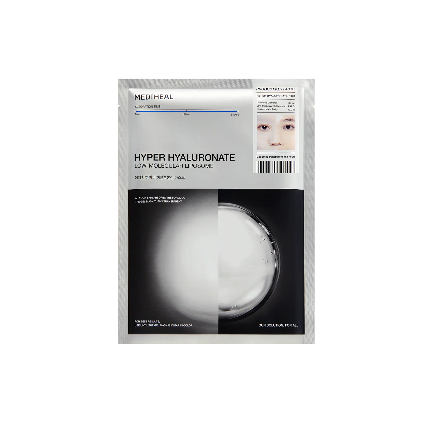 Main pouch of Mediheal Hyper Hyaluronate Mask showing low-molecular liposome and absorption info