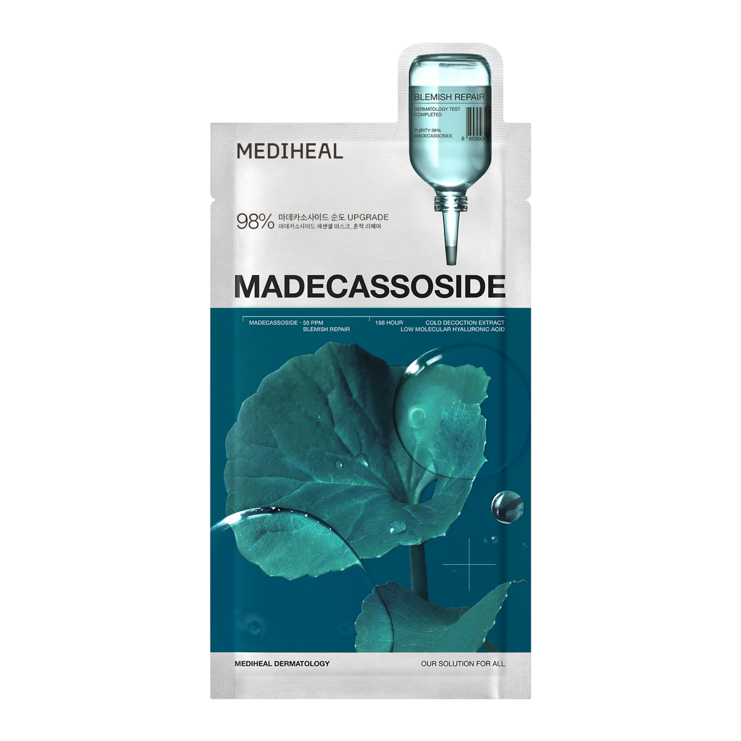 Overview of Mediheal Madecassoside Mask's benefits: blemish care, hydration, barrier support, and vegan formula