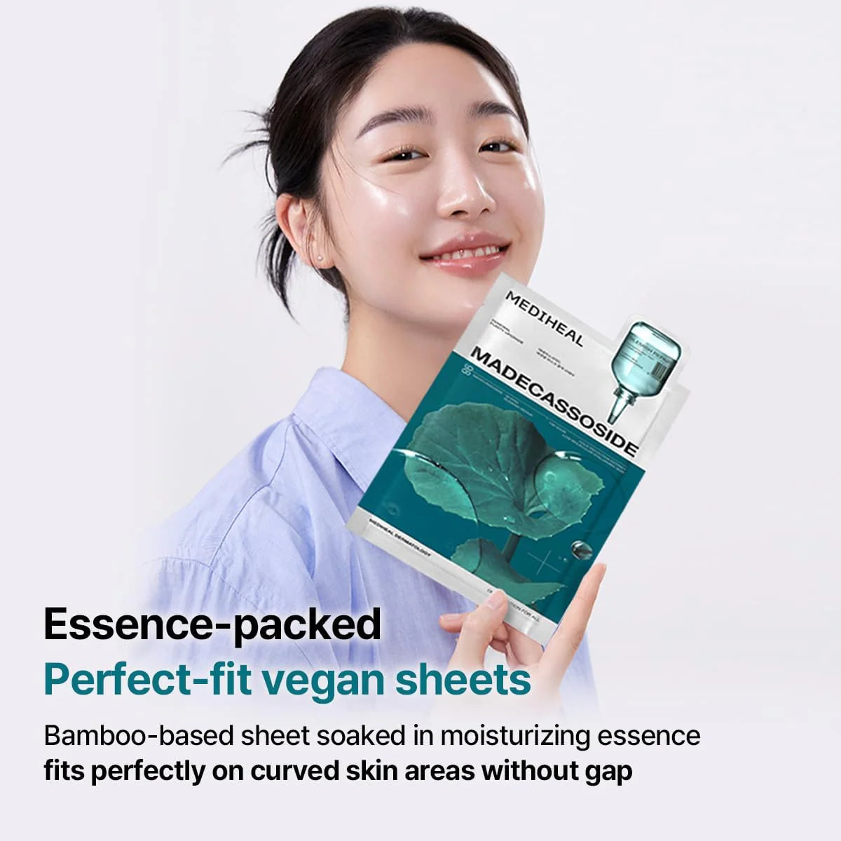 Model holding Mediheal Madecassoside Blemish Repair Mask with glowing skin expression