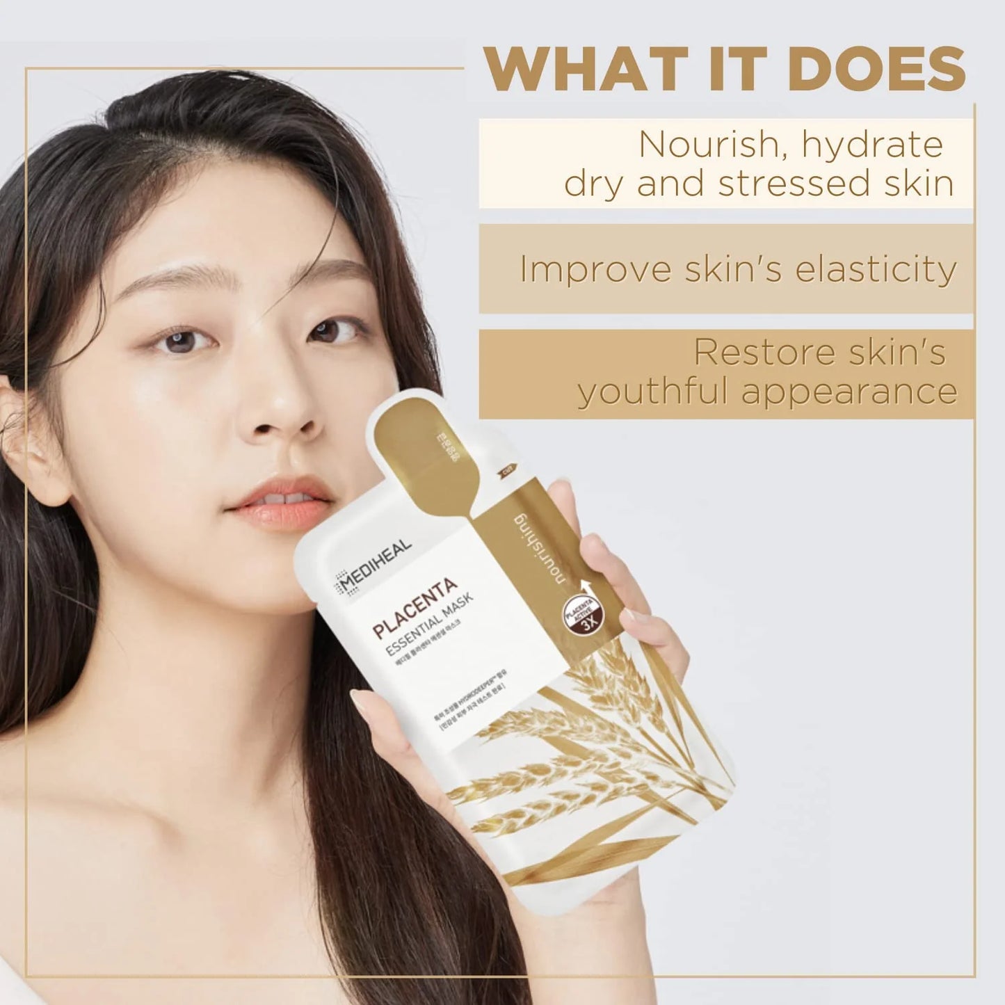 Model holding Mediheal Placenta Mask with benefits for elasticity and youthful skin