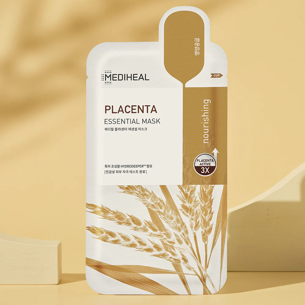 Promotional display of Mediheal Placenta Mask with golden background emphasizing glow and nourishment