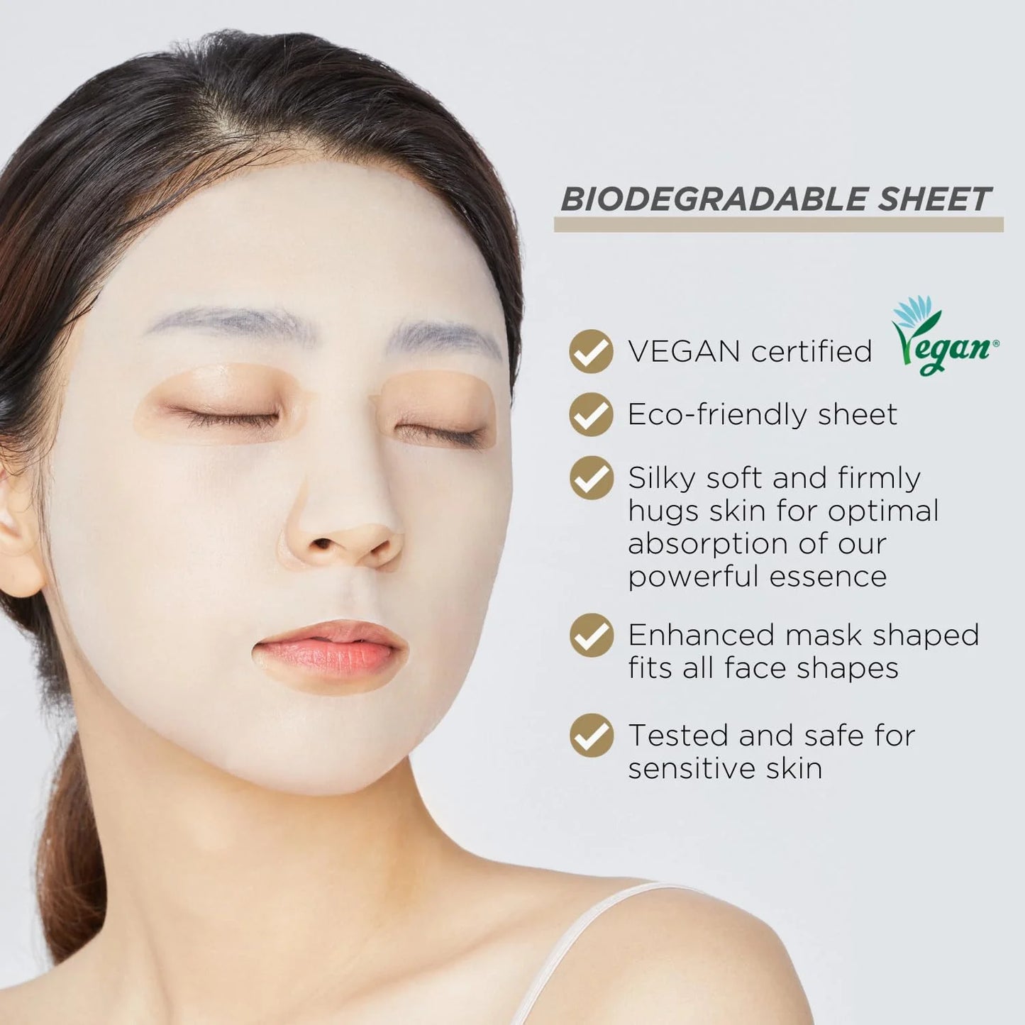 Clinically tested vegan sheet mask description showing safety for sensitive skin